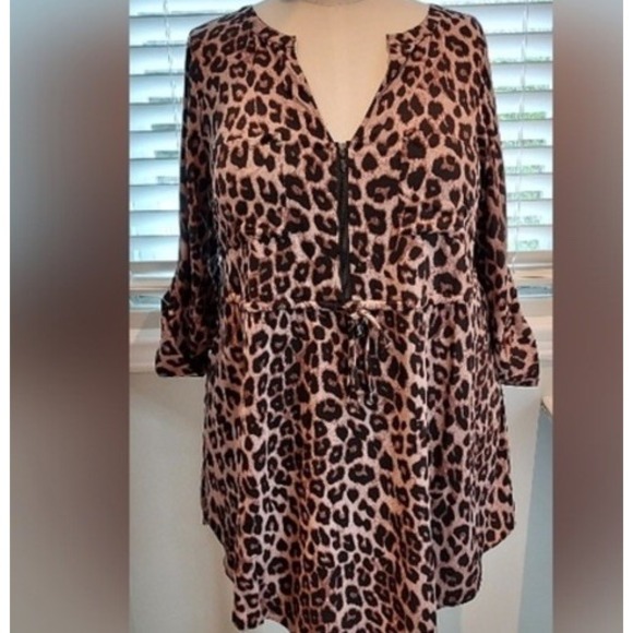Torrid Plus Shirt Dress Leopard 2X Mini Challis Zip-Roll Tab Brown Rayón Blend - Picture 1 of 12